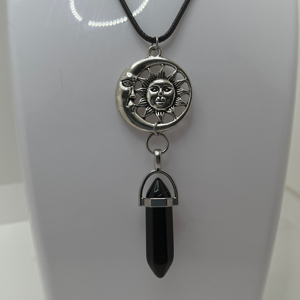 Mystical Sun and Moon Corded Pendant Necklace with Black Crystal